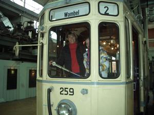 Beatrix and Benita 'driving' an old time trolley.