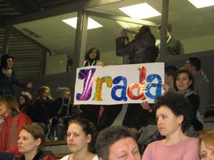 The parents of Irada, the olympic hopeful, had made a large sign to display during their daughter's performance.