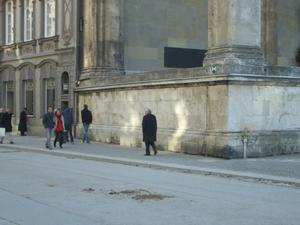 This wall was very significant to the Nazi party.  This wall is across the street from the 'Residenz', which was the seat of government and home to the Bavarian dukes, electors and kings. There was a plaque to commemorate the 16 Nazis who died during the Beer Hall Putsch, Hitler installed a guarded memorial along Residenzstrasse and required all passers-by to give the Hitler salute.