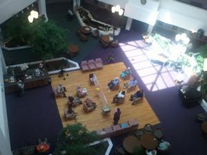 The lobby area.  This picture was taken from the 5th floor looking down on the lobby.  There is a volley ball game in progress.  You can see the large beach ball about to go over the net.
