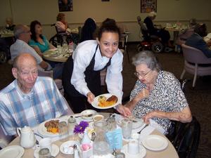 My Mom and Dad are enjoying one of the three meals a day that are provided in a very friendly dining room.  Meals are a great time to socialize with your neighbors.