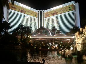The Mirage Hotel.  They have a wonderful show of a volcano, which repeats several times an hour in front of the hotel.