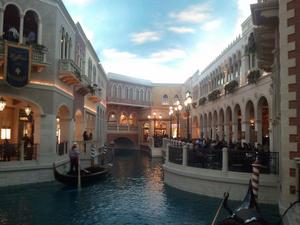 The end of the "canal" inside the Venetian Hotel and Casino with gondolers.