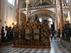 Emperor Maximilian I (1459 - 1519) and the "bronze men" bidding farewell to him.