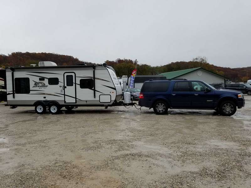 Pulling the trailer out of the dealership with our Ford Expedition.