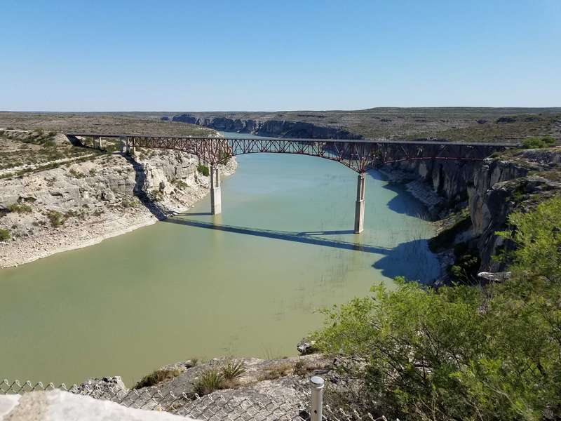 Here is the famous Pecos river and the high bridge over it.  The bridge was built in 1957.  It is 273 feet above the water and is the highest bridge in Texas.  Previously, in 1923, a high bridge 50 feet above the water was built about a mile further upstream.  Unfortunately, it was destroyed by flood waters in 1954.