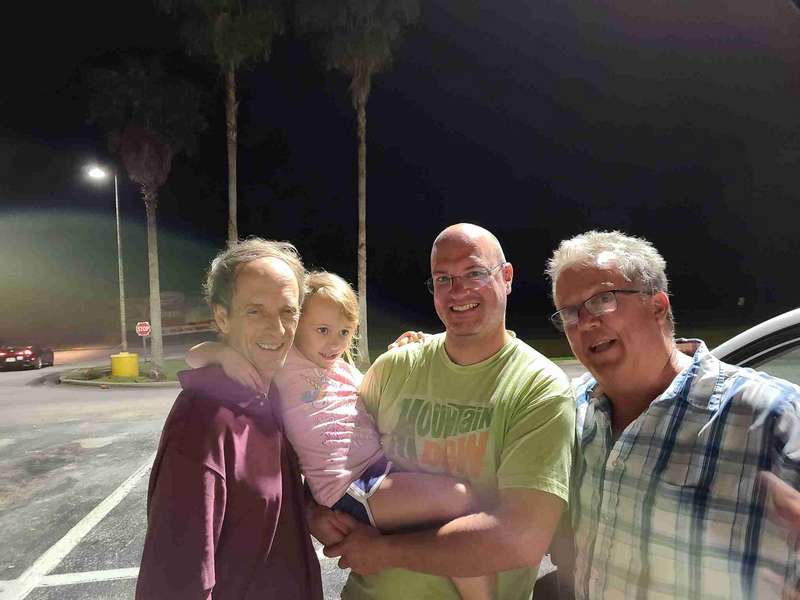 Meeting up with Helen's brothers, Harold (left) and Robert (right), (Dave is in the center) at a truck stop near Ocala FL