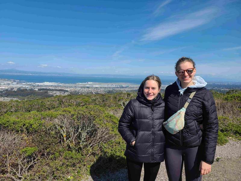 After the long flight, the Girls were tired, however, it was only 1 PM, so to keep them awake, Charles took them on a 2 hour hike to the top of Sweeney ridge.  This is where Potorla, "discovered" San Francisco Bay. <br><br>Frederika (left) and Benita (right) in both pictures.
