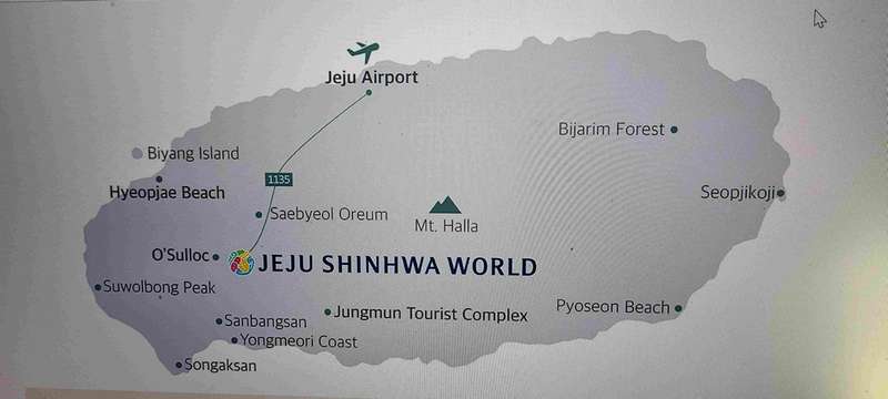 Map of Jeju showing the location of the airport and Shinhwa World Resort where the JEDEC meeting was held.