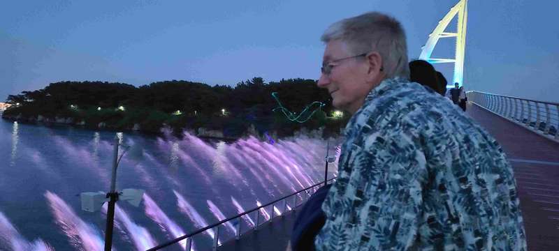 One of the tourist attractions is this beautiful bridge that crosses over to an island that is a park.  There is a 1 mile trail around the edge of the island.  After dark, there is a laser light show with an additional effect of water steaming from the bridge in rhythm with the music that is playing.