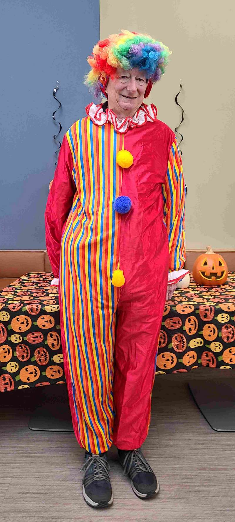 For halloween, the center encouraged members to come in costume.  Charles decided to wear his clown costume, which he hadn't worn in decades.