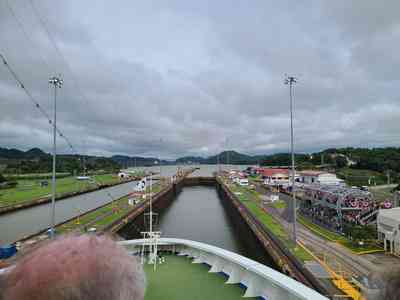 Entering the tight squeeze of the canal lock.
