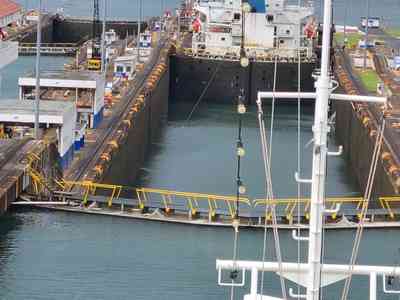 Waiting for the ship ahead to exit the lock.
