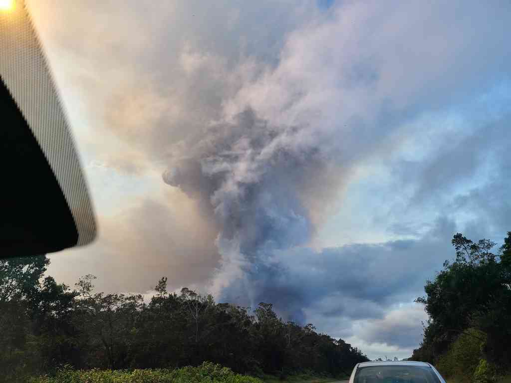 Spotting the massive ash cloud as we drove up to Kilauea.