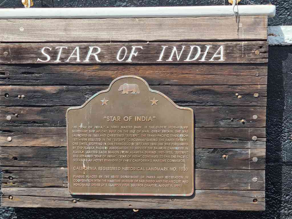 Plaque detailing the 'Star of India', launched in 1863 and making two stops in San Francisco in 1863 and 1873.