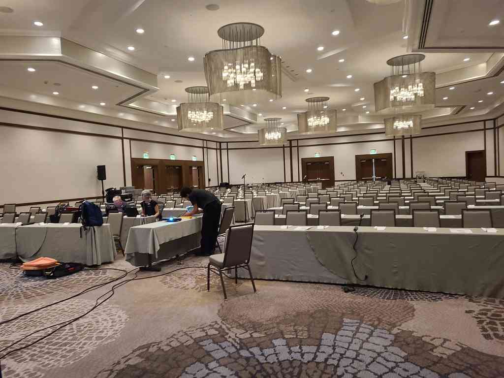 Setting up the 180-person JEDEC meeting room.